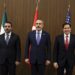 From left: Syrian Foreign Minister Asaad Hassan al-Shibani, Turkish Foreign Minister Hakan Fidan and US Secretary of State Marco Rubio, pose for a photograph during a meeting at the NEST International Convention Center, in Antalya on May 15, 2025. (Photo by Umit Bektas / POOL / AFP)