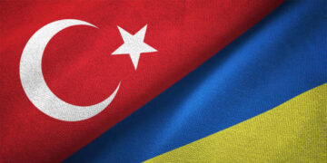 Ukraine and Turkey flag together realtions textile cloth fabric texture