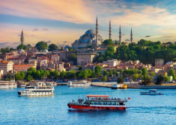 Touristic sightseeing ships in istanbul city, Turkey.