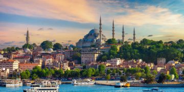 Touristic sightseeing ships in istanbul city, Turkey.