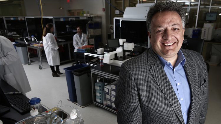 CAMBRIDGE, MA - APRIL 27: Noubar Afeyan of Flagship Ventures in a lab at Moderna Therapeutics in Cambridge, MA on Apr. 28, 2015. (Photo by Lane Turner/The Boston Globe via Getty Images)