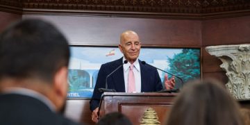 US ambassador to Turkey and special envoy for Syria Tom Barrack speaks during a joint press conference following his meeting with Lebanon's president at the Presidential Palace in Baabda on August 18, 2025. Barrack called on Israel to honour its commitments under a ceasefire that ended its war with Hezbollah, after the Lebanese government launched a process to disarm the militant group. (Photo by ANWAR AMRO / AFP)