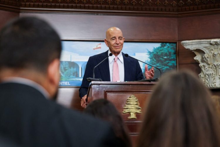 US ambassador to Turkey and special envoy for Syria Tom Barrack speaks during a joint press conference following his meeting with Lebanon's president at the Presidential Palace in Baabda on August 18, 2025. Barrack called on Israel to honour its commitments under a ceasefire that ended its war with Hezbollah, after the Lebanese government launched a process to disarm the militant group. (Photo by ANWAR AMRO / AFP)