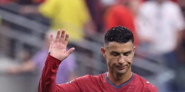 Portugal's forward #07 Cristiano Ronaldo waves to fans after losing the 2026 World Cup round of 16 football match between Portugal and Spain at the Dallas Stadium in Arlington on July 6, 2026. (Photo by Thomas COEX / AFP)